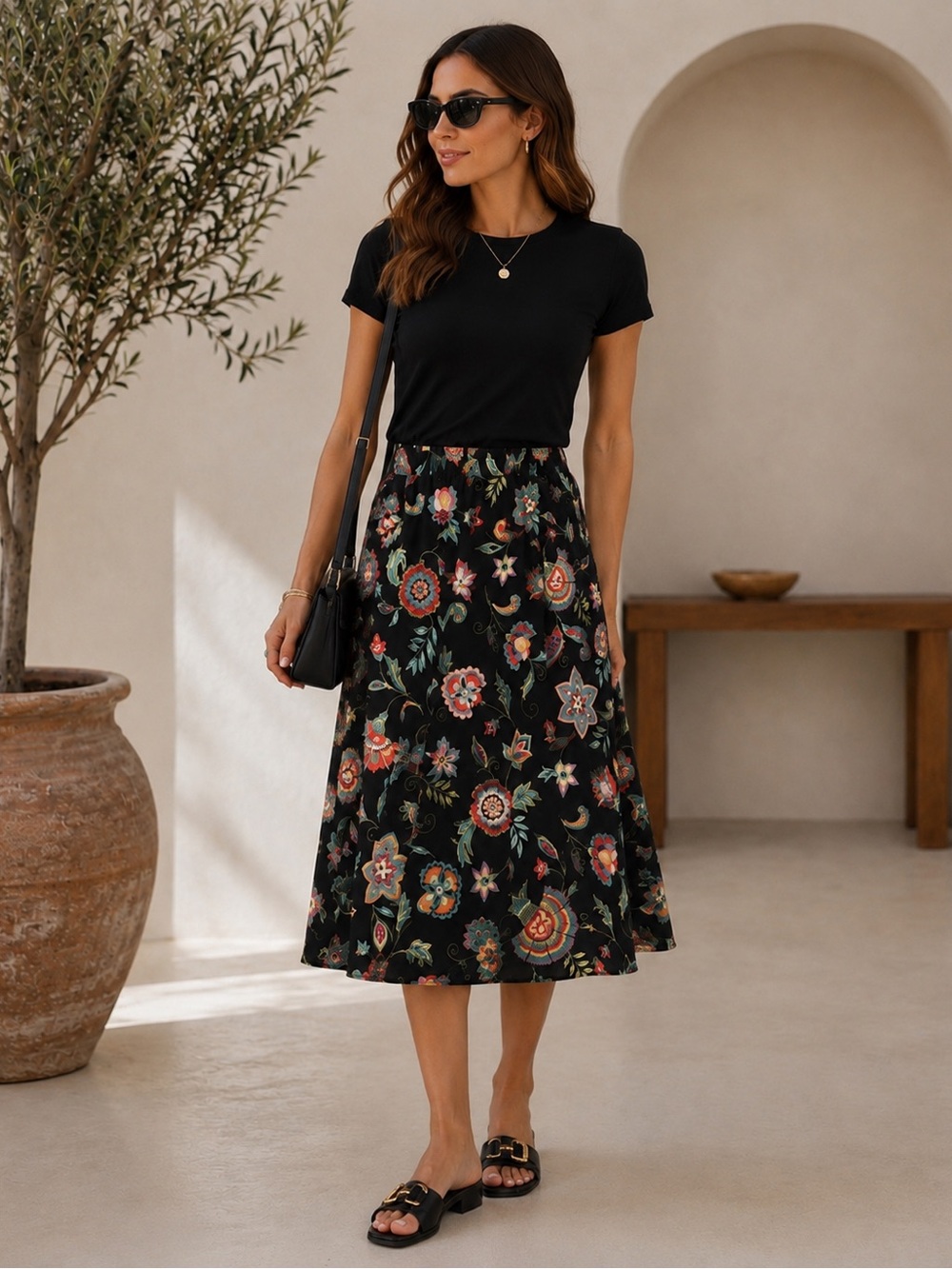 Notations black midi skirt with a vibrant multicolor folk/Jacobean floral print